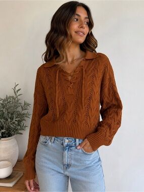 ANA Rust Cable Knit Lace-Up Collared Sweater Size Medium